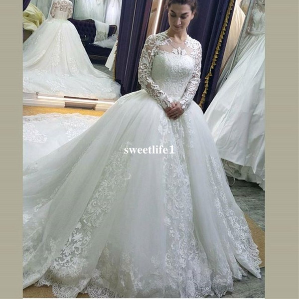 Gorgeous Ball Gown Wedding Dresses Sheer Jewel Neck Long Sleeve Sweep Train Church Bridal Gown Custom Made High Quality