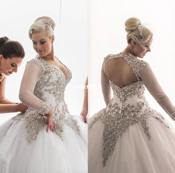 Plus-Size Ball Gown Wedding Dress V Neck Long Sleeve Appliques Beaded Back Cover Button Puffy Tulle Bridal Gown Custom Made Hot Sale