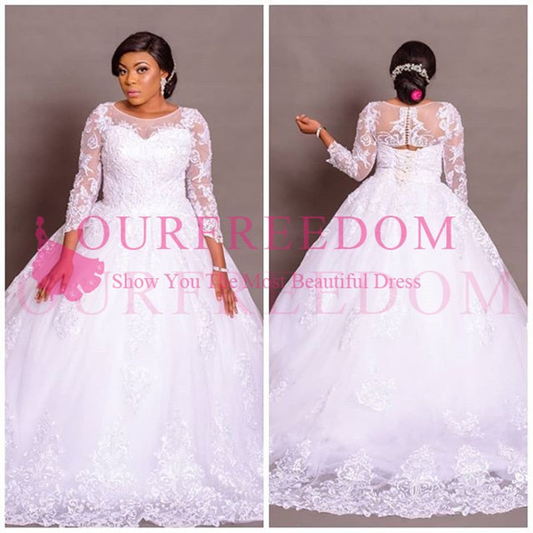 Plus Size Long Sleeve Wedding Dresses Sheer Jewel Neck Lace Appliques Puffy Ball Gown South Africa Lace Up Brdal Gown Custom Made