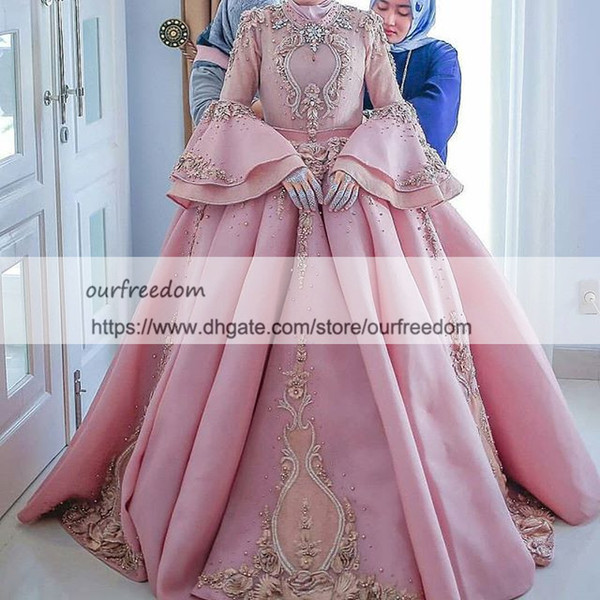 Elegant High Neck Muslim Wedding Dresses Long Sleeve Pink Appliques Embroidery Beaded A Line Dubai Style Arabic Bridal Gown Custom Made