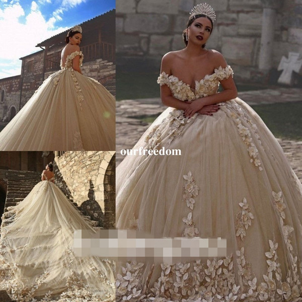 Dubai Style Ball Gown Wedding Dresses Off The Shoulder Cathedral Train 3D Flora Applique For Church Wedding Party Dresses Bridal Gowns