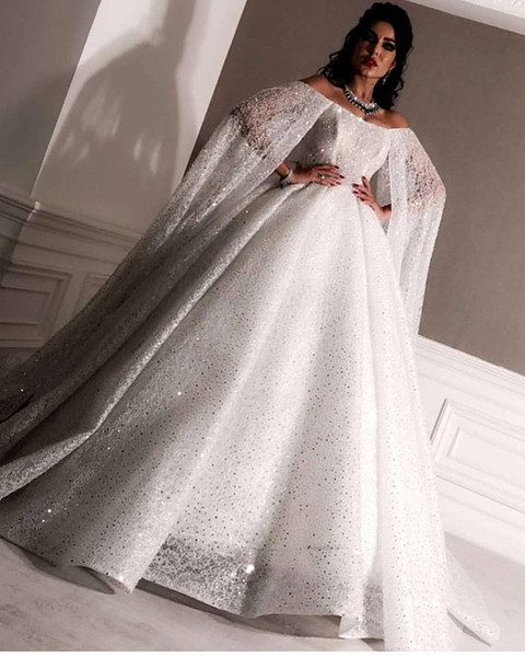 Dubai Arabic Style Ball Gown Wedding Dresses With Wrap Shining Sequins Beads Princess Puffy Zipper Back Church Wedding Dresses Bridal