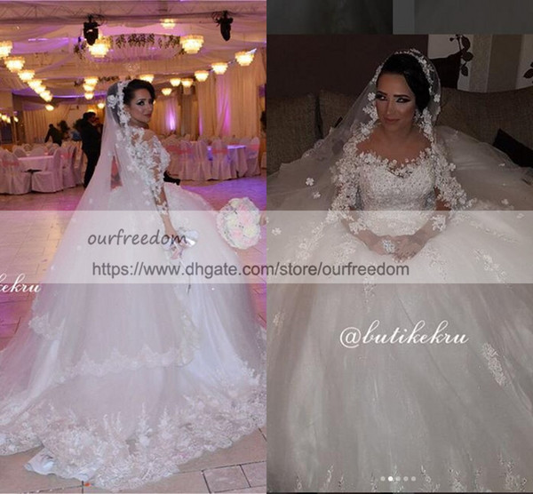 Elegant Sheer Jewel Neck Wedding Dresses With 3D Flora Appliques Long Sleeve Backless Pearls Church Bridal Gown Custom Made Dubai Style