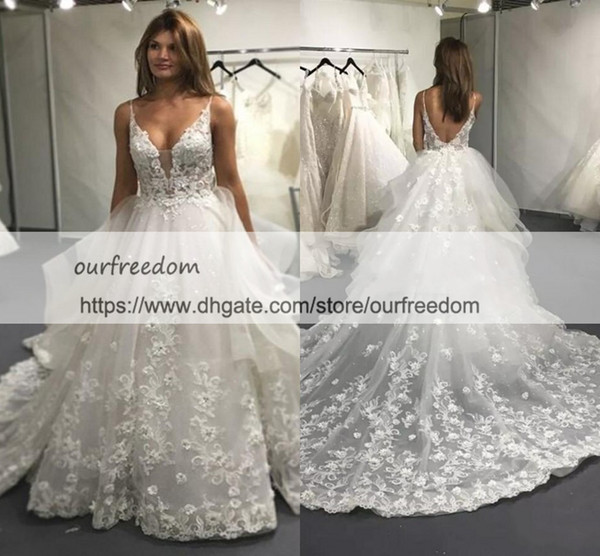 Ball Gowns Full Lace Wedding Dresses Sexy Backless V Neck Appliques Long Court Train 3D Lace Summer Bridal Gowns Vestido Casamento