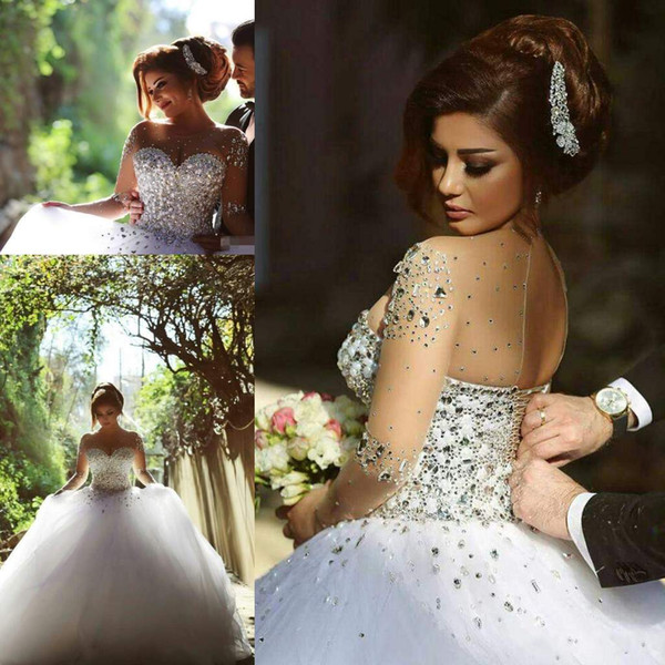 2016 Long Sleeve Wedding Dresses with Rhinestones Crystals Backless Ball Gown Wedding Dress Vintage Bridal Gowns Said Mhamad Custom Made