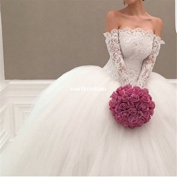 Princess Royal Strapless Wedding Dresses Elegant Lace Top Puffy Tulle Ball Gown Bridal Gown Saudi Arabic Style Custom Made