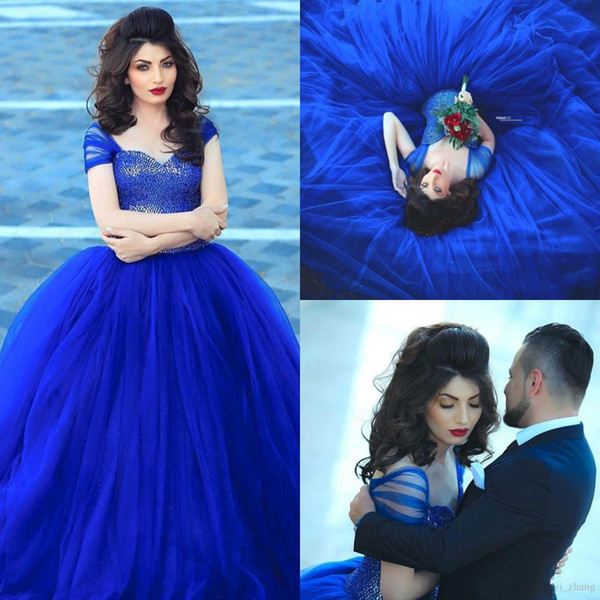 Romantic New Arrival Royal Blue Ball Gown Wedding Dress Sweetheart Beading Cap Sleeve Vestido De Noiva Vintage Wedding Gown