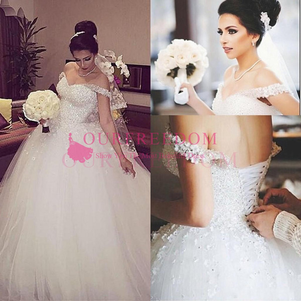 Gorgeous Off-the-shoulder Beading Appliques Ball-Gown Unique Lace-up Wedding Dress Lace UP Bridal Gown Custom Made