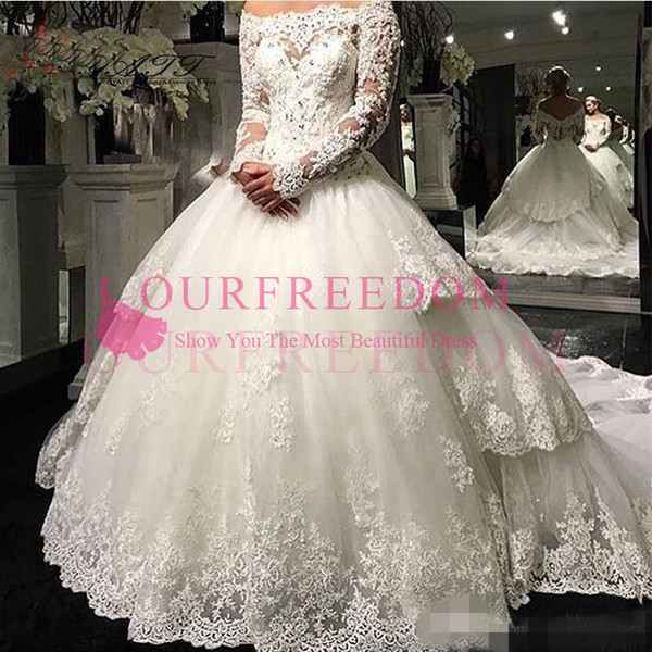 Lace Ball Gown Wedding Dresses Plus Size Modest Vintage Applique With Beaded Long Sleeves Bateau Sweep Train Bridal Gown