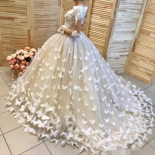 Gorgeous Ball Gown Wedding Dresses Long Sleeve Illusion With 3D Flora Butterfly Bridal Gown High Quality For Church Garden Custom Made