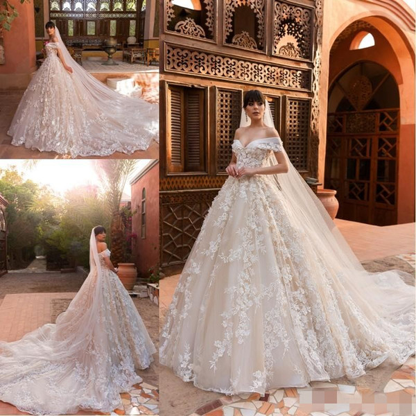 Designer Ball Gown Wedding Dresses Off the Shoulder Full 3D Flowers Court Train Custom Made Bridal Gowns