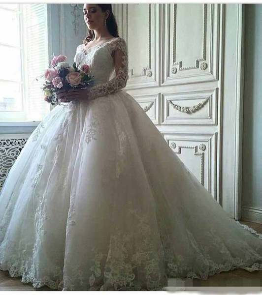 Vestidos Ball Gown Wedding Dresses Sheer V Neck Long Sleeves Lace Appliqued Chapel Train Beaded Bridal Wedding Gowns