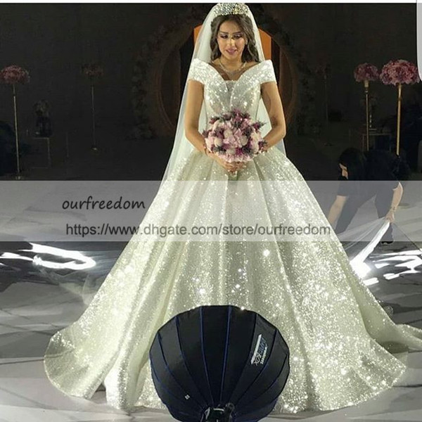 Yousef Aljasmi Sparkly Sequins Wedding Dresses Off The Shoulder A Line Dubai Style Arabic Bridal Gown Custom Made Hot Sale