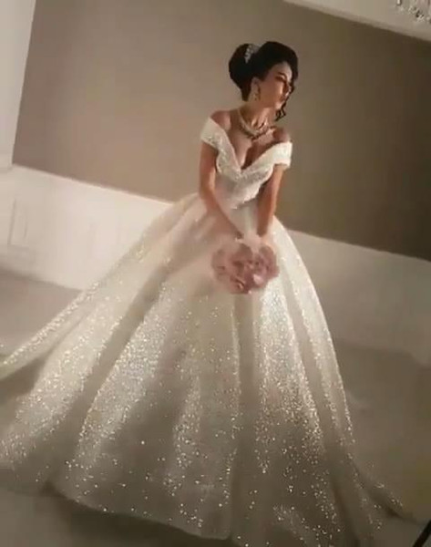 Bling Off The Shoulder Wedding Dresses Ball Gown Lace Up Shining Lace Sequins Royal Princess Bridal Gown Custom Made Hot Sale