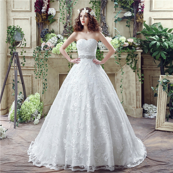 Floral Lace Ball Gown Wedding Dresses New Arrival Sparkling Sash Sweep Train Plus Size Wedding Dresses New Arrival