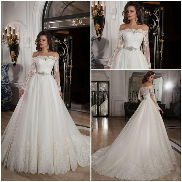 Fabulous Off the Shoulder Lace Wedding Dresses Long Sleeves Buttons Back Sweep train Bridal Gowns Shining Sash Plus Size vestido de novia