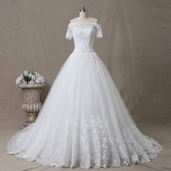 Romantic Lace Ball Gown Wedding Dress Court Train Off the Shoulder Short Sleeves Lace-up Back Applique with Sequins Beads Bridal Gowns