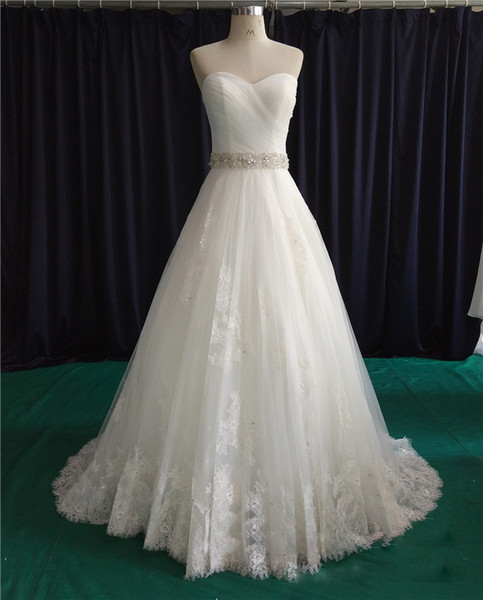 Eye Catching lace Ball Gown Wedding Dresses Sparkling Sash Sweetheart Sleeveless Lace-up Back Sweep Train Pleats Tulle with Lace Bridal Gown