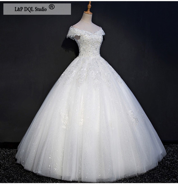 White Ball Gown Wedding Dresses Sequins Organza Tulle Bridal Gowns Floor Length Off Shoulder Zipper/Lace-up Back Plus Size Vestido de novia