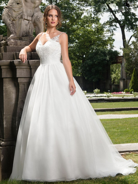 Sexy v-neck Ball Gown Wedding Dress Illusion with Applique Pleats Tulle Ball Gown Bridal Gowns Plus Size wedding dresses