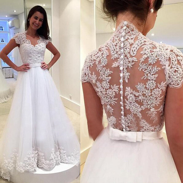 Stunning Lace Ball Gown Wedding Dresses White V-Neck Pleats Tulle Sweep Train Pleats Tulle with Applique Buttons Back Bridal Gowns