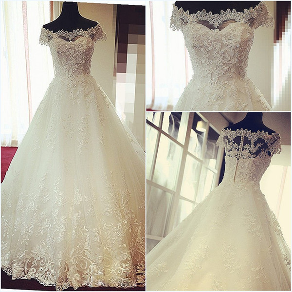 High Waist Lace Ball Gown Wedding Dresses Strapless Cap Sleeves Zipper Back with Pearls Sweep train Bridal Gowns European Style