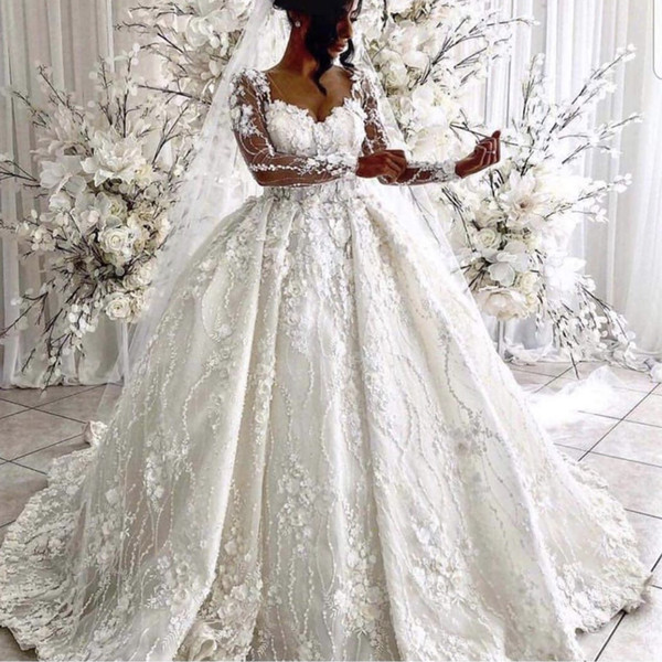 Ball Gown Wedding Dresses Sweetheart Neckline Hand Made Flowers 3D Flowers Long Sleeve Puffy Floor Length Bridal Dresses