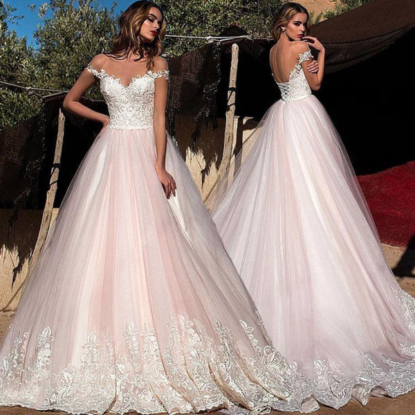 Light Pink Wedding Dresses Off the Shoulder Lace Applique Elegant Bridal Dresses Vestido De Novia