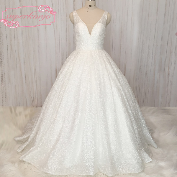 Real Image Wedding Dresses Backless Deep V Neck Bling Bling Sequins Floor Length Bridal Dresses