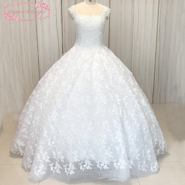 Real Wedding Dresses Ball Gown Lace Appliques Beading Sequins Sparkly Sheer Back Chapel Train Bridal Dresses Gowns