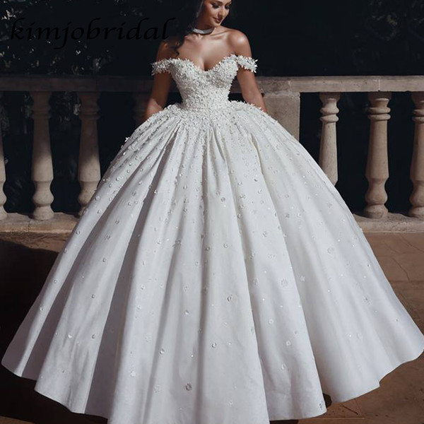 Ball Gown Wedding Dresses Hand Made Flowers 3D Sweetheart Neckline Off the Shoulder Puffy Floor Length Bridal Dresses