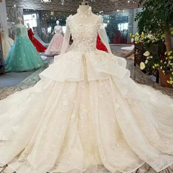 Cheap Wedding Dresses High Neck Lace Appliques Hand Made Flowers Peplum Puffy Court Train Long Sleeve Bridal Dresses Gowns