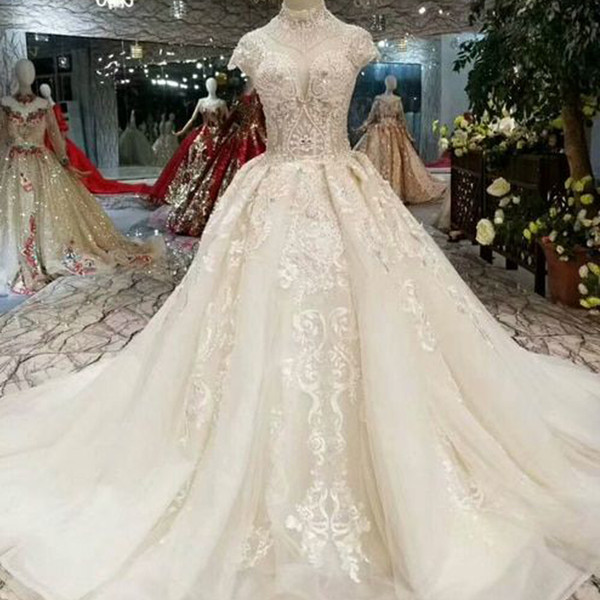 Wedding Dresses Lace Appliques Cap Sleeve High Collar Luxury Tulle Bridal Dresses Wedding Gowns Vestidos de Noiva