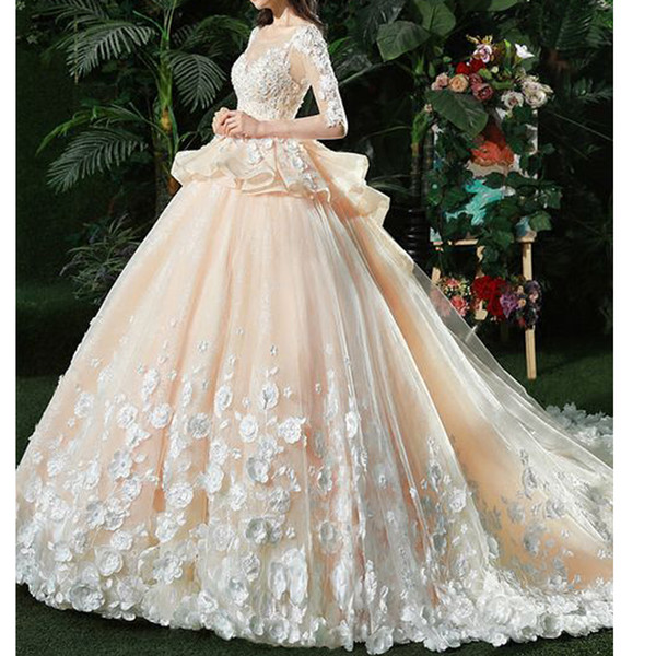 Champagne Wedding Dresses Long Sleeve Lace Appliques Peplum Ball Gown Puffy Floor Length Bridal Dresses Gowns