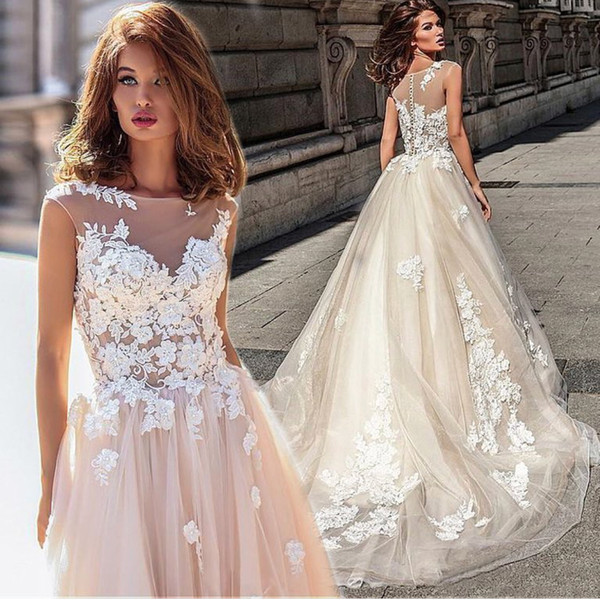 Champagne Wedding Dresses Sheer Back Lace Applique Elegant Bridal Dress Vestido De Novia