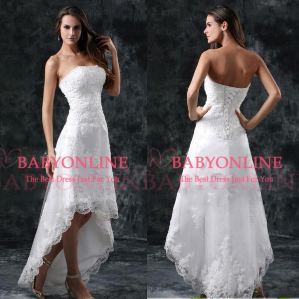 Summer Beach Hi-Lo Full Lace A Line Wedding Dresses Strapless Appliques Short Formal Lace-up Back Vestidos Bridal Gowns CPS110