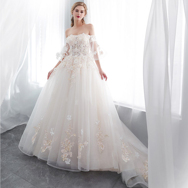 Off The Shoulder Lace A Line Dresses Elegant Flare Short Sleeves Tulle Applique Beaded Sweep Train Wedding Bridal Dresses CPS1003