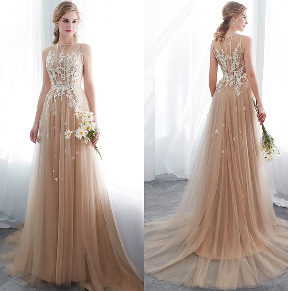 Champagne Tulle A Line Wedding Dresses Elegant Lace Applique Sweep Train Wedding Bridal Dresses CPS1009