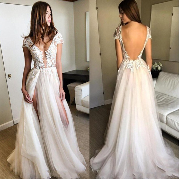 Cap Sleeves Sexy Deep V-neck Bridal Gowns With Appliques Sexy Split Tulle See Through Wedding Dresses BA7757