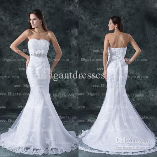 New Arrival 2015 Elegant Strapless Mermaid Lace Up Lace Appliques Wedding Dress Bridal Gown WD140