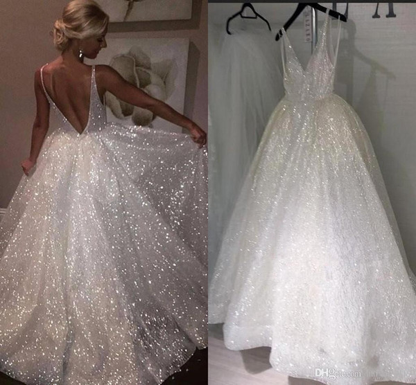 Real Sampe Bling Sequin A Line Wedding Dresses Deep V Neck Wedding Gowns Floor Length Ball Gown Backless Custom Plus Size Bridal Dress 