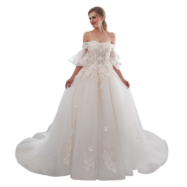 Real Image Fairy Off The Shoulder Wedding Dresses Short Sleeve Lace Up Back 3D Flora Appliques Sweep Train Church Arabic Style Bridal