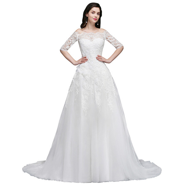 Modern White Ivory Sheer Half Sleeves Wedding Dresses A Line Off Shoulder Appliques With Button Covered Back Bridal Gowns CPS742