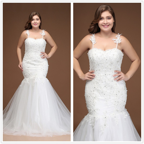 Plus Size New Spaghetti Straps Lace Mermaid Wedding Dresses Tulle Applique Beaded Illusion Back Court Train Wedding Bridal Gowns CPS296