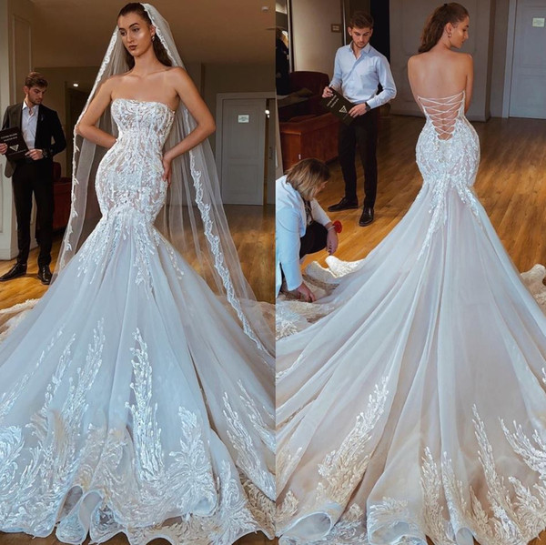 Romantic Ivory Strapless Mermaid Wedding Dresses Sexy Illusion Bodices Tulle Court Train Wedding Bridal Gowns Designer Wedding Gown