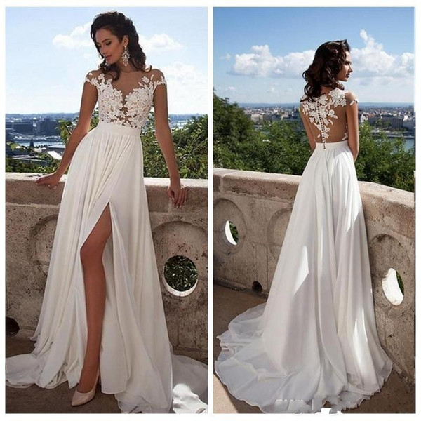 Sexy Cheap Beach Bohemian Lace Wedding Dresses Cap Sleeve Boho Chiffon Split High Side Lace Appliques Bridal Gowns Robe De Mariage CPS493