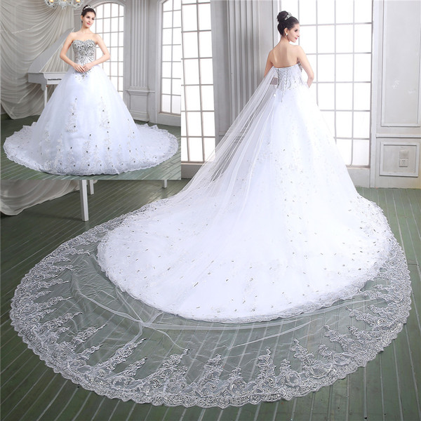 2015 New Collection Ball Gown Lace Wedding Dresses Bridal Gown With Luxury Real Sample Sweet-heart Full Beads Crystal Top Cathedral Train