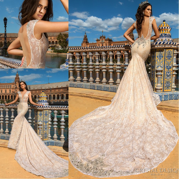 Gorgeous Designer Lace Mermaid Wedding Dresses robe de mariage V Neck Sleeveless Beading Crystal Court Train Backless Beach Bridal Gown