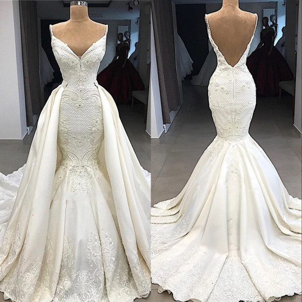 Vintage Mermaid Wedding Dresses Overskirts with Detachable Train Lace Pearls Sheer Neck Sleeveless Backless Bridal Gown Dubai