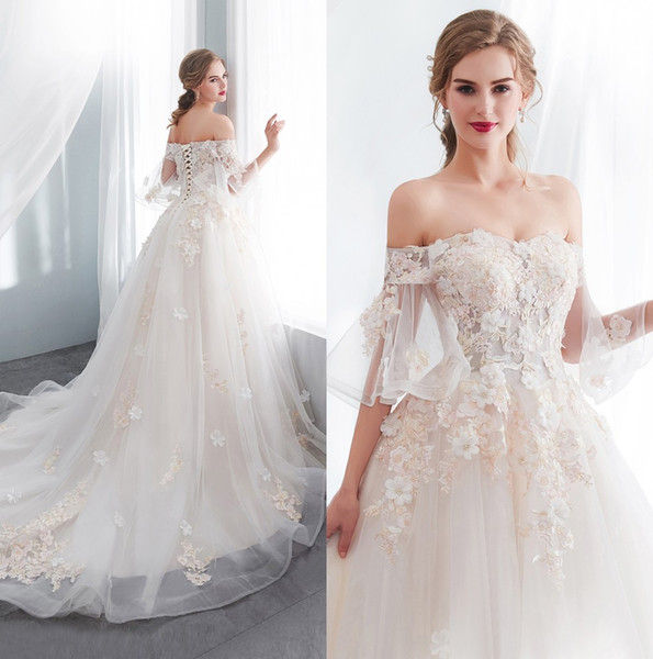 Off The Shoulder Lace A Line Dresses Elegant Flare Short Sleeves Tulle Applique Beaded Sweep Train Wedding Bridal Dresses CPS1003